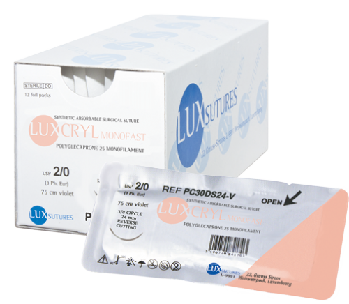 LUXCRYL MONOFAST Absorbable Monofilament Suture — USP 4/0 (EP 1.5), 75 cm, 3/8 Circle Reverse Cutting Needle 19 mm