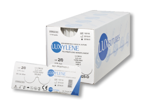 LUXYLENE Polypropylene (PP) Monofilament Non-Absorbable Surgical Suture (Blue) — USP 4/0 (EP 1.5), 90 cm, Double-Armed, 3/8 Circle Taper-Cut Point Needles 17 mm