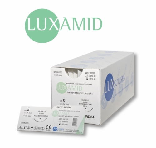 LUXAMID Nylon Non-Absorbable Monofilament Surgical Suture – USP 0 – 75 cm – Blue – DS 30 (30 mm) Cutting Needle (Box of 12)