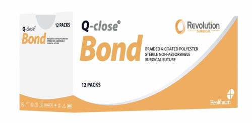 Q-close Bond Non-Absorbable Braided Polyester Surgical Suture – USP 2/0 – 90 cm – Green – 1/2 Circle Tapercut Double Armed 26 mm Needles with 6 × 3 × 1.5 mm Pledgets (Box of 12)