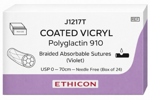 J1217T Ethicon Coated Vicryl Polyglactin 910 Braided Suture (Violet) USP 0 – 70cm – Needle Free (Box of 24)