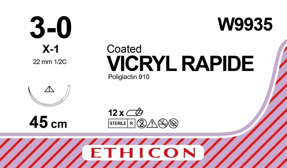 W9935 Ethicon Vicryl Rapide Polyglactin 910 Braided Absorbable Medical Sutures USP 3 0 – 45cm – 1 2 Circle Conventional Cutting Needle 22mm (Box of 12)