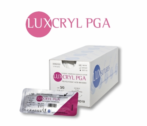 LUXCRYL PGA Polyglycolic Acid (PGA) Absorbable Braided Surgical Suture – USP 3/0 – 75 cm – Violet – DS 19 (19 mm) Reverse Cutting Needle (Box of 12)