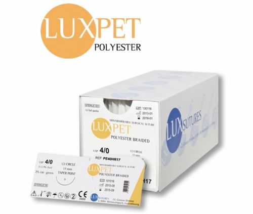 LuxSutures Luxpet® Polyester Braided Non-Absorbable Surgical Suture – USP 2/0 – 90 cm – Green – Double Armed 2 × HRT 17 mm Tapercut Needles (Box of 12)