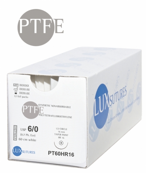 LuxSutures® LuxPTFE Dental Monofilament Non-Absorbable Surgical Suture – USP 4-0 – 60 cm – White – HR16 Taper Point Needle 16 mm – 1/2 Circle – PT40HR16 (Box of 12)
