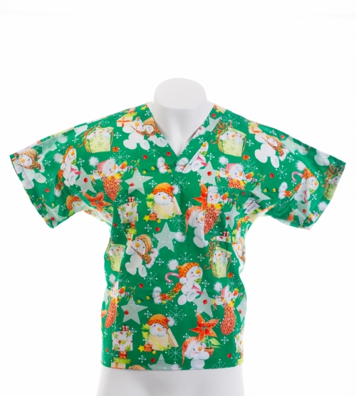 Green Snowman And The Star Short Sleeve Scrub Top 100% Cotton